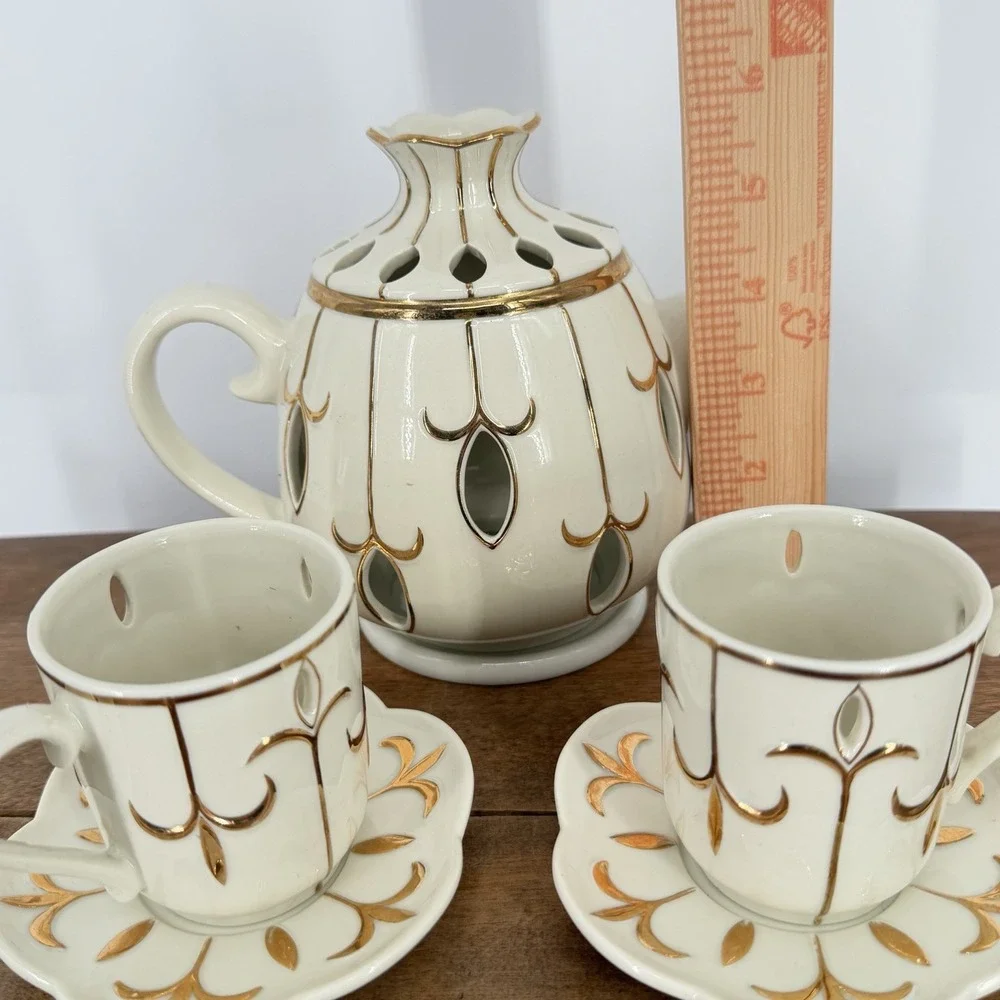 VTG 90s PartyLite Tea For Two Candle Holder Porcelain Teapot 2 Saucers Gold Trim - Picture 14 of 14